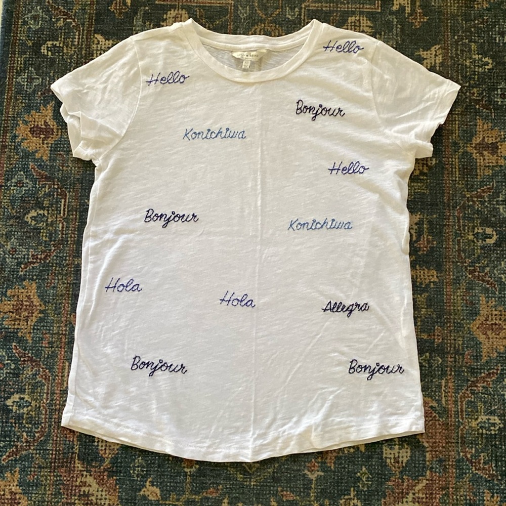 NWOT! Lucky Brand Embroidered Lightweight 100% Cotton “Hello” T Shirt - Size XS